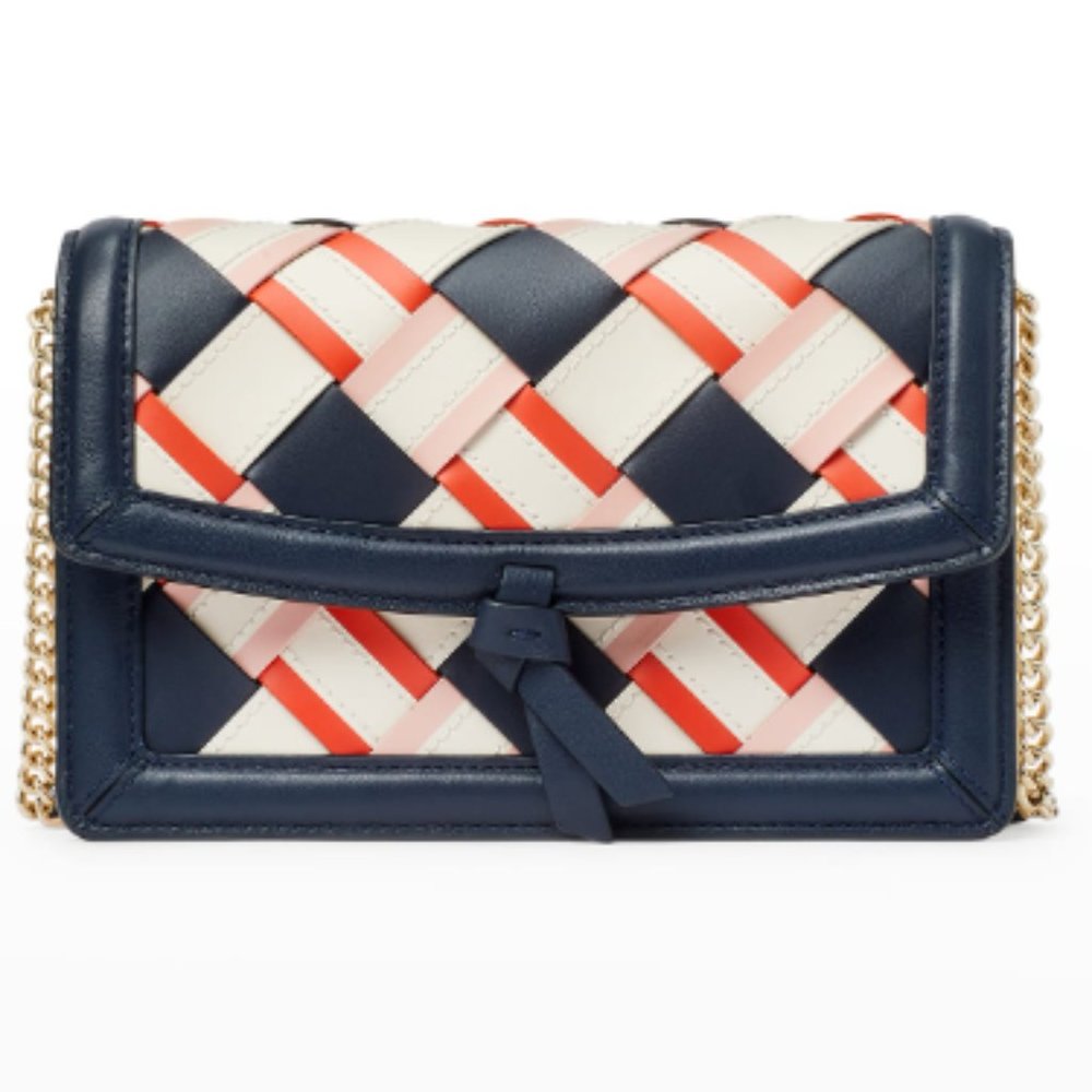 Kate Spade Knott Woven Flap Crossbody in Blue with Silver Chain - Picture 1 of 5